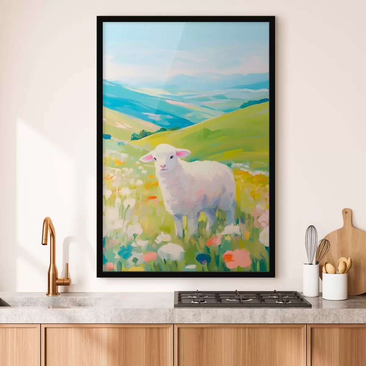 Poster Cordero en un campo de flores f45426