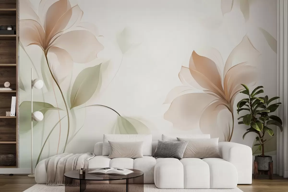 murales de pared Flores transparentes en cálidos tonos beige y rosa w04397