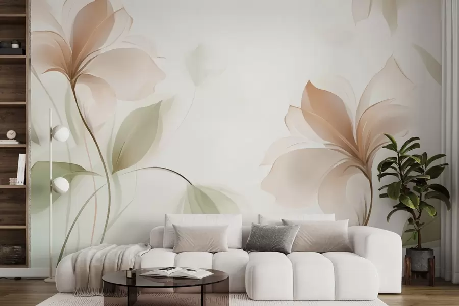 murales de pared Flores transparentes en cálidos tonos beige y rosa w04397