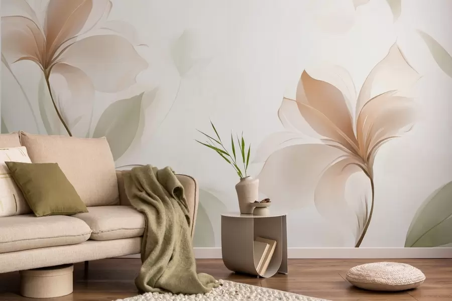 murales de pared Flores transparentes en cálidos tonos beige y rosa w04397