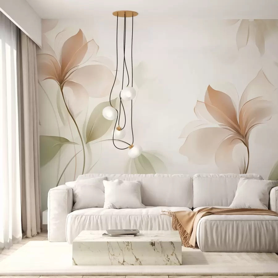 murales de pared Flores transparentes en cálidos tonos beige y rosa w04397