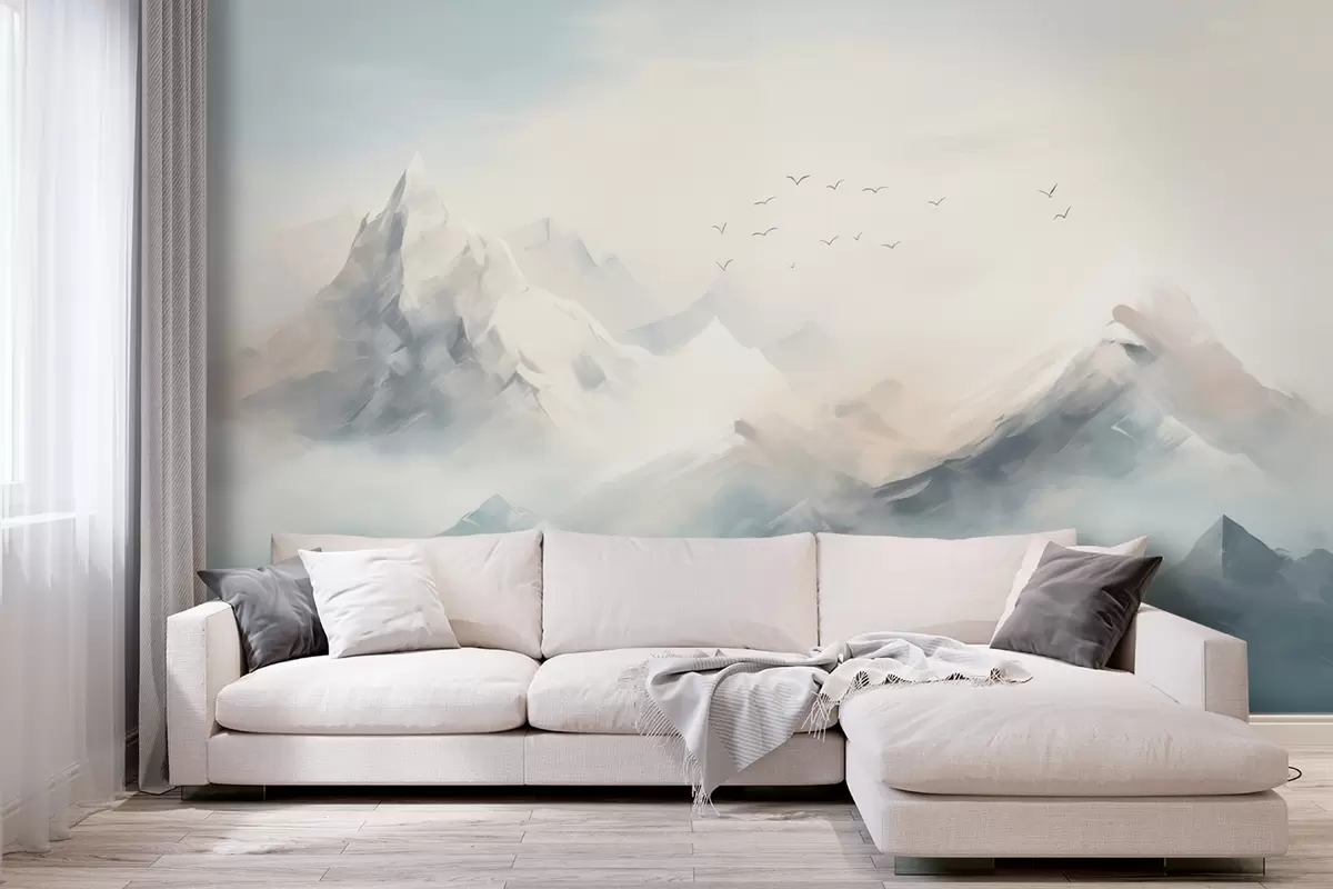 murales de pared Montañas nevadas con niebla matinal y pájaros volando w09326