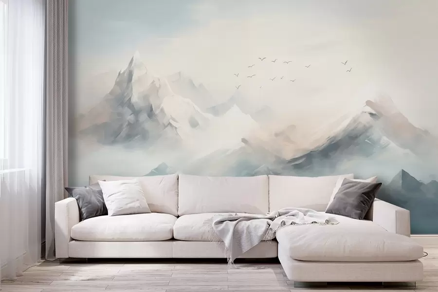 murales de pared Montañas nevadas con niebla matinal y pájaros volando w09326
