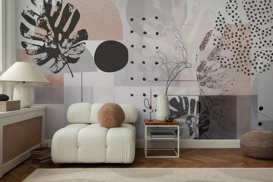 murales de pared Estampado abstracto con formas geométricas y hojas tropicales de monstera, círculos, puntos y líneas, diseño moderno y minimalista w09333