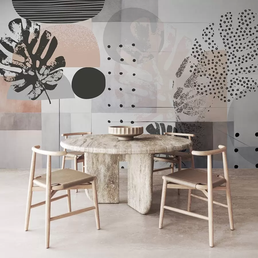 murales de pared Estampado abstracto con formas geométricas y hojas tropicales de monstera, círculos, puntos y líneas, diseño moderno y minimalista w09333