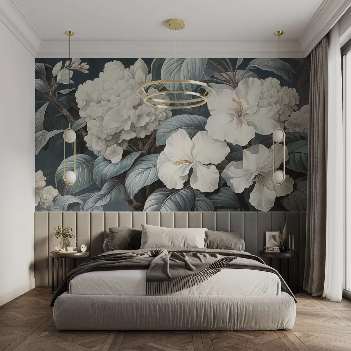 murales de pared Flores tropicales blancas con delicados pétalos y hojas en un fondo azul oscuro, estilo vintage texturizado, ilustración botánica w09334