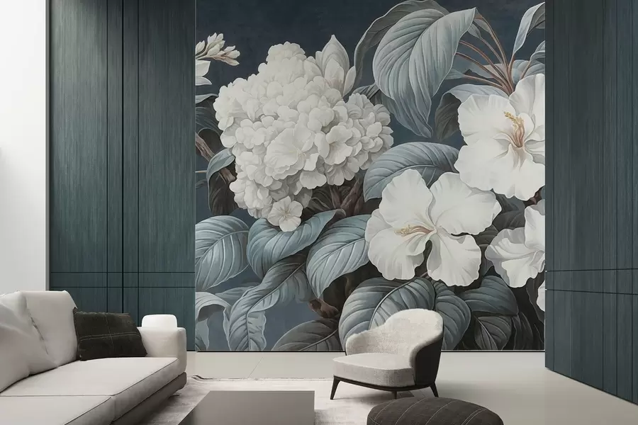 murales de pared Flores tropicales blancas con delicados pétalos y hojas en un fondo azul oscuro, estilo vintage texturizado, ilustración botánica w09334