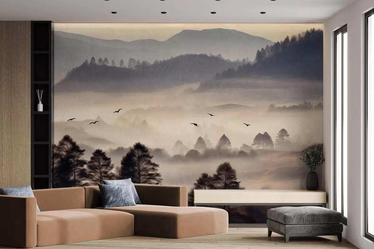 murales de pared Paisaje montañoso texturizado con capas de niebla, árboles silueteados en primer plano, cordillera distante, iluminación suave w09338
