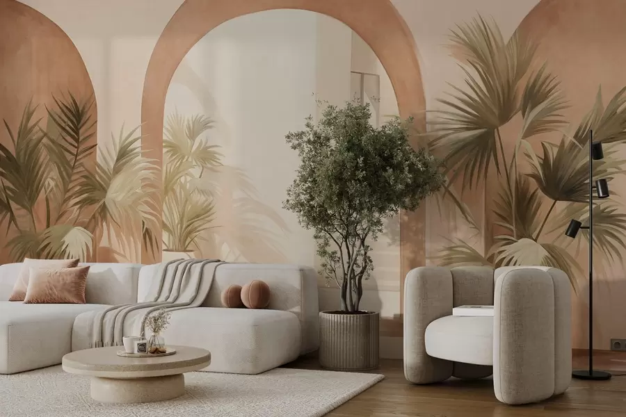 murales de pared Arcos texturizados con plantas en macetas, paleta de colores beige claro, diseño minimalista, escalera al fondo w09339