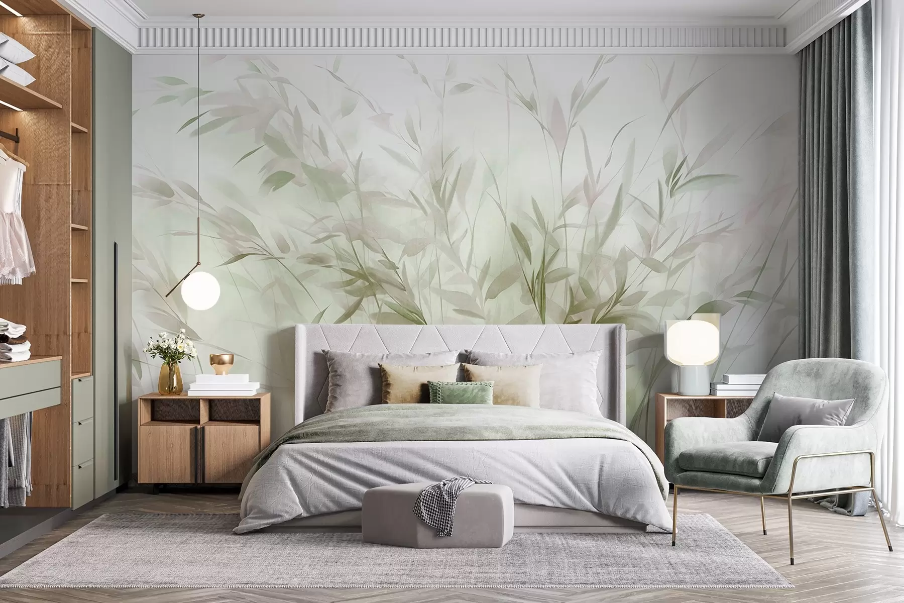 murales de pared Hierba y maleza con hojas y tallos finos, colores verde claro y marrón, pinceladas suaves y delicadas, estampado minimalista w09342