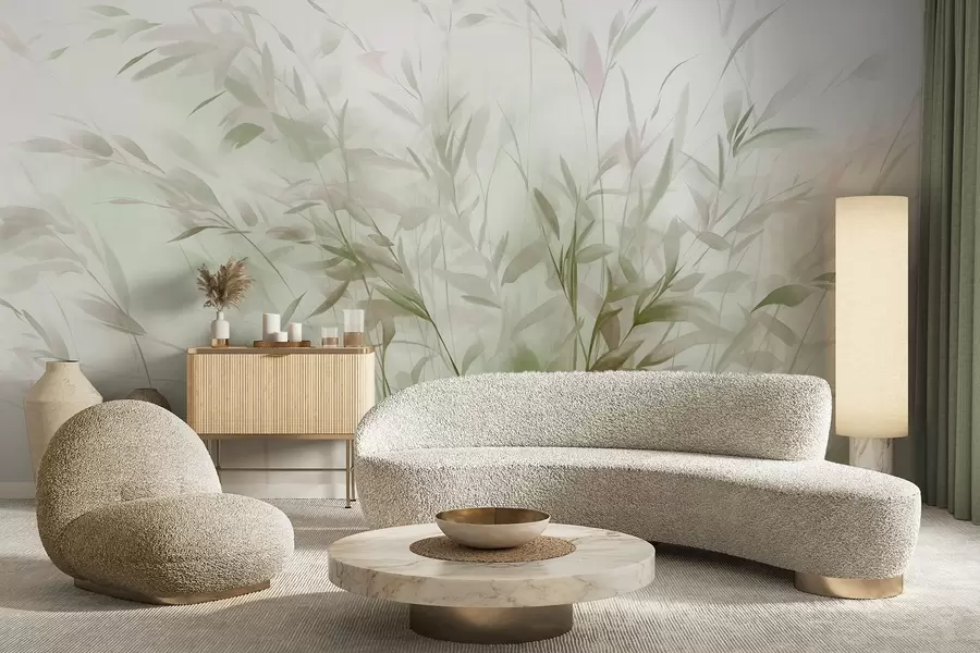 murales de pared Hierba y maleza con hojas y tallos finos, colores verde claro y marrón, pinceladas suaves y delicadas, estampado minimalista w09342