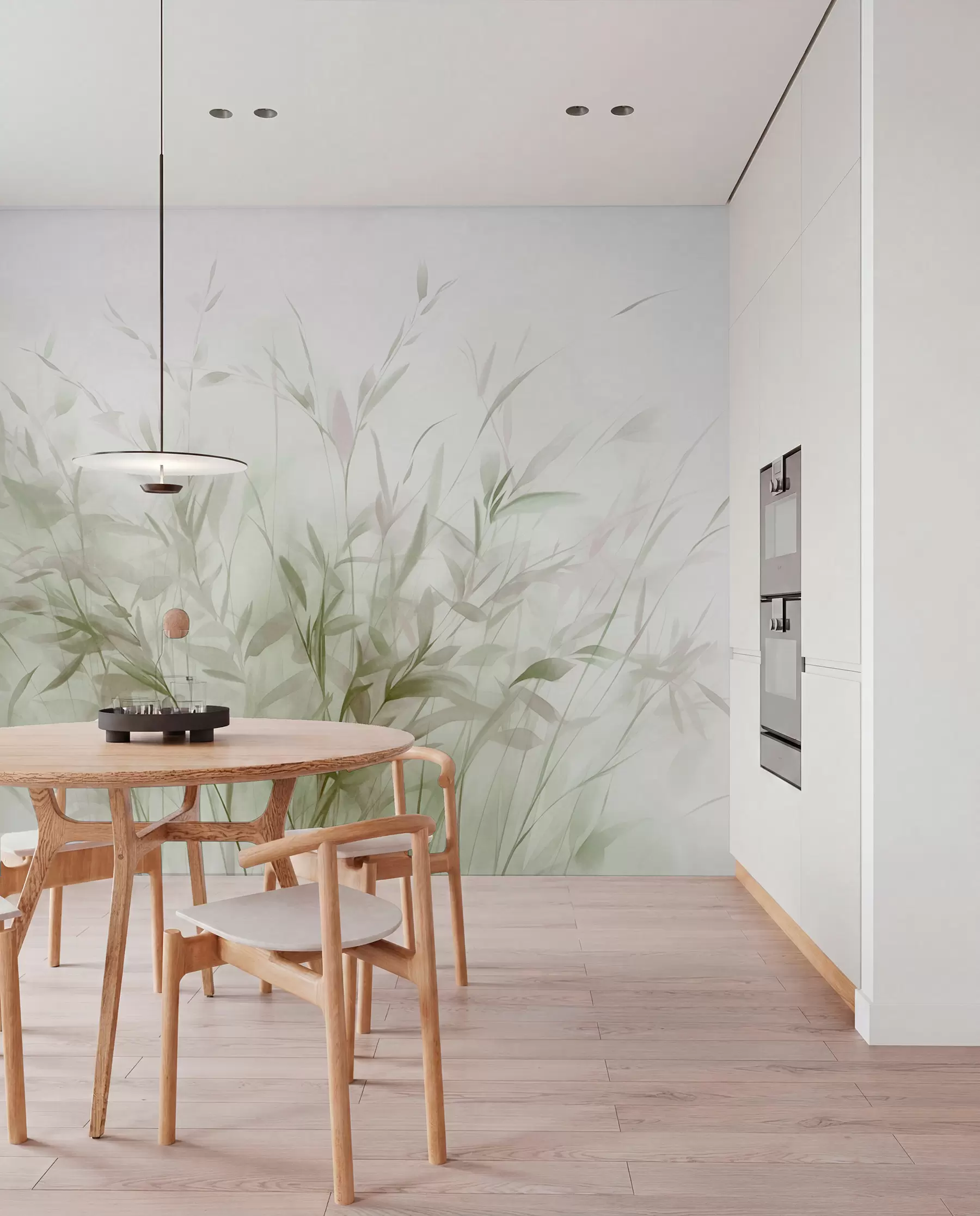 murales de pared Hierba y maleza con hojas y tallos finos, colores verde claro y marrón, pinceladas suaves y delicadas, estampado minimalista w09342