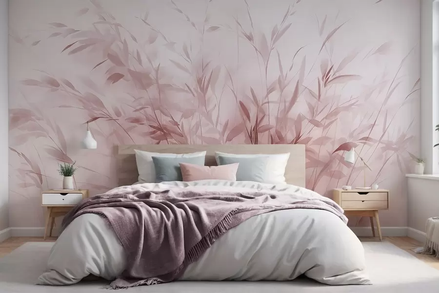 murales de pared Hierba y maleza con hojas y tallos finos, colores rosa claro, pinceladas suaves y delicadas, estampado minimalista w09342v2