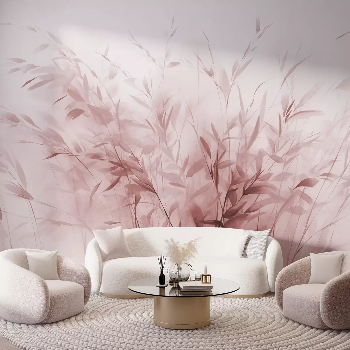 murales de pared Hierba y maleza con hojas y tallos finos, colores rosa claro, pinceladas suaves y delicadas, estampado minimalista w09342v2