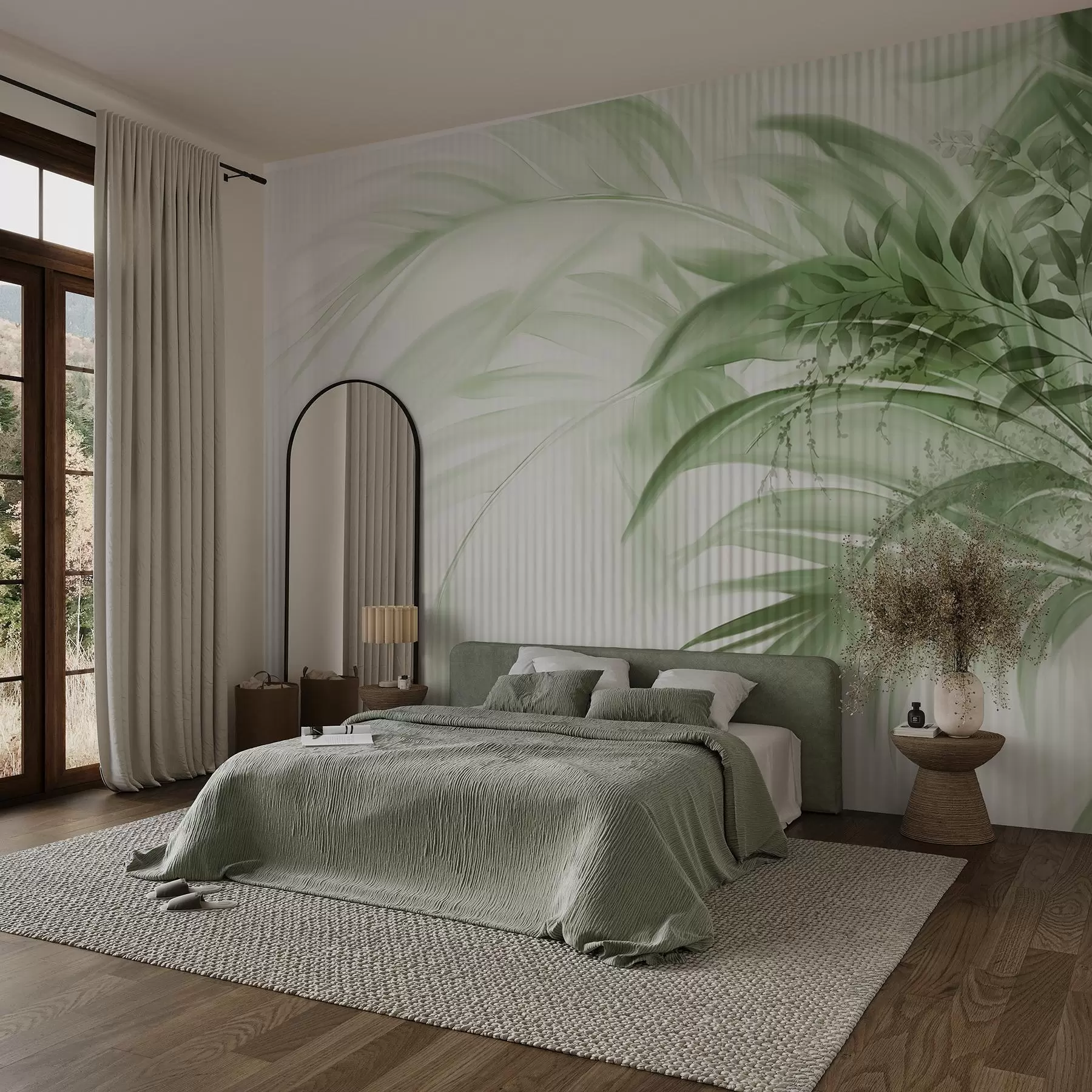 murales de pared Palmera tropical de hojas verdes con fondo blanco a rayas, iluminación suave, pinceladas delicadas, formas orgánicas w09343