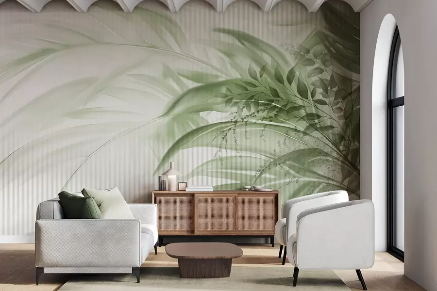 murales de pared Palmera tropical de hojas verdes con fondo blanco a rayas, iluminación suave, pinceladas delicadas, formas orgánicas w09343