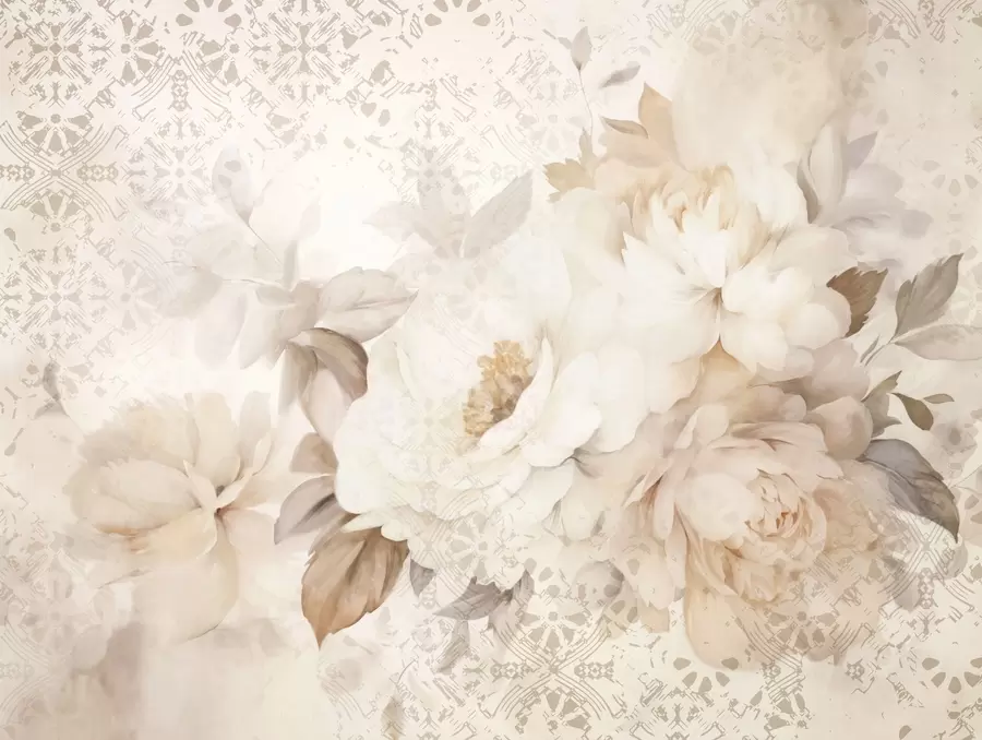 murales de pared Un arreglo floral de peonías blancas con hojas beige, sobre un fondo decorativo con textura vintage w09345