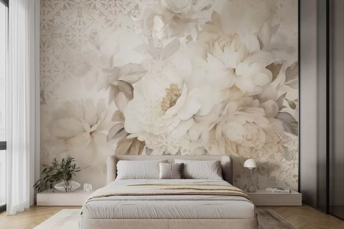 murales de pared Un arreglo floral de peonías blancas con hojas beige, sobre un fondo decorativo con textura vintage w09345