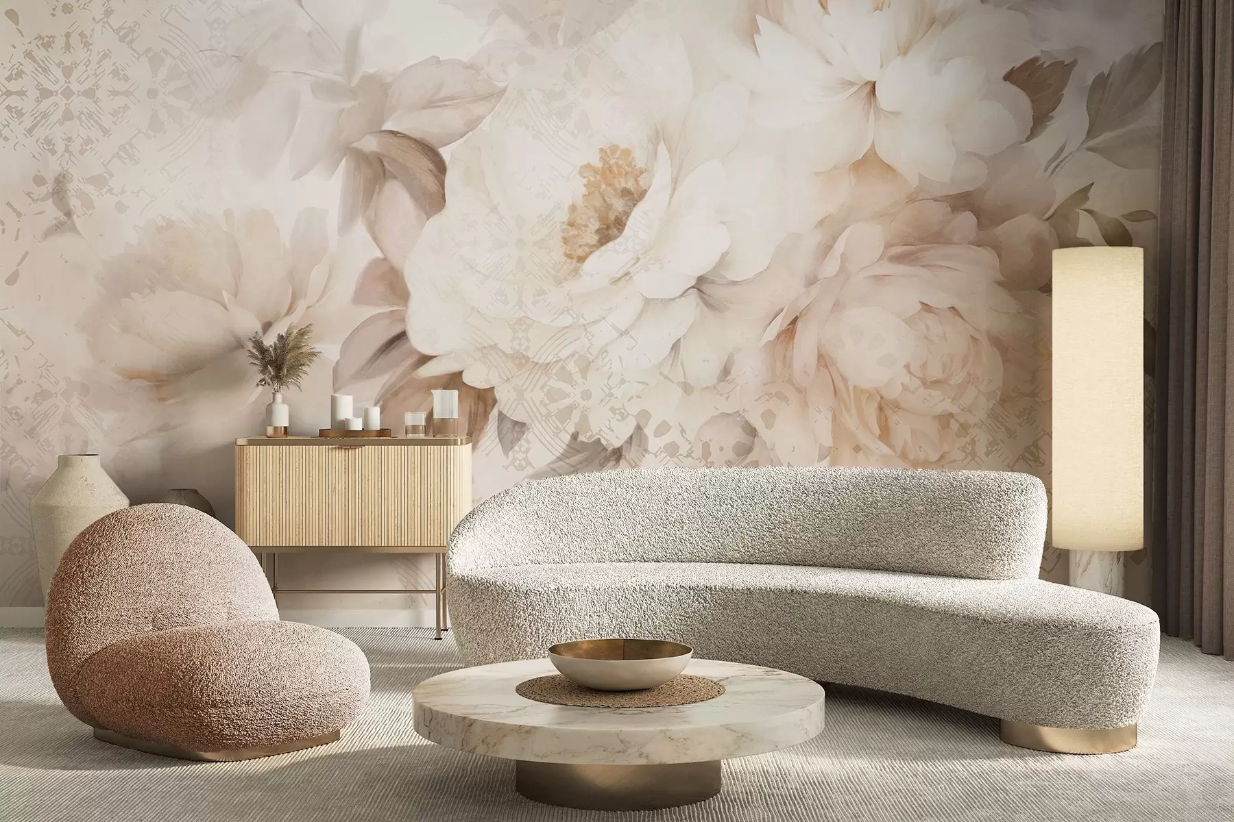 murales de pared Un arreglo floral de peonías blancas con hojas beige, sobre un fondo decorativo con textura vintage w09345