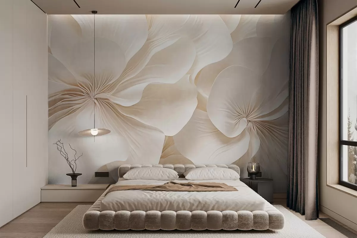 murales de pared Primer plano de flores de textura cremosa con pétalos delicados y fluidos, creando un arreglo floral suave, elegante y con textura w09346