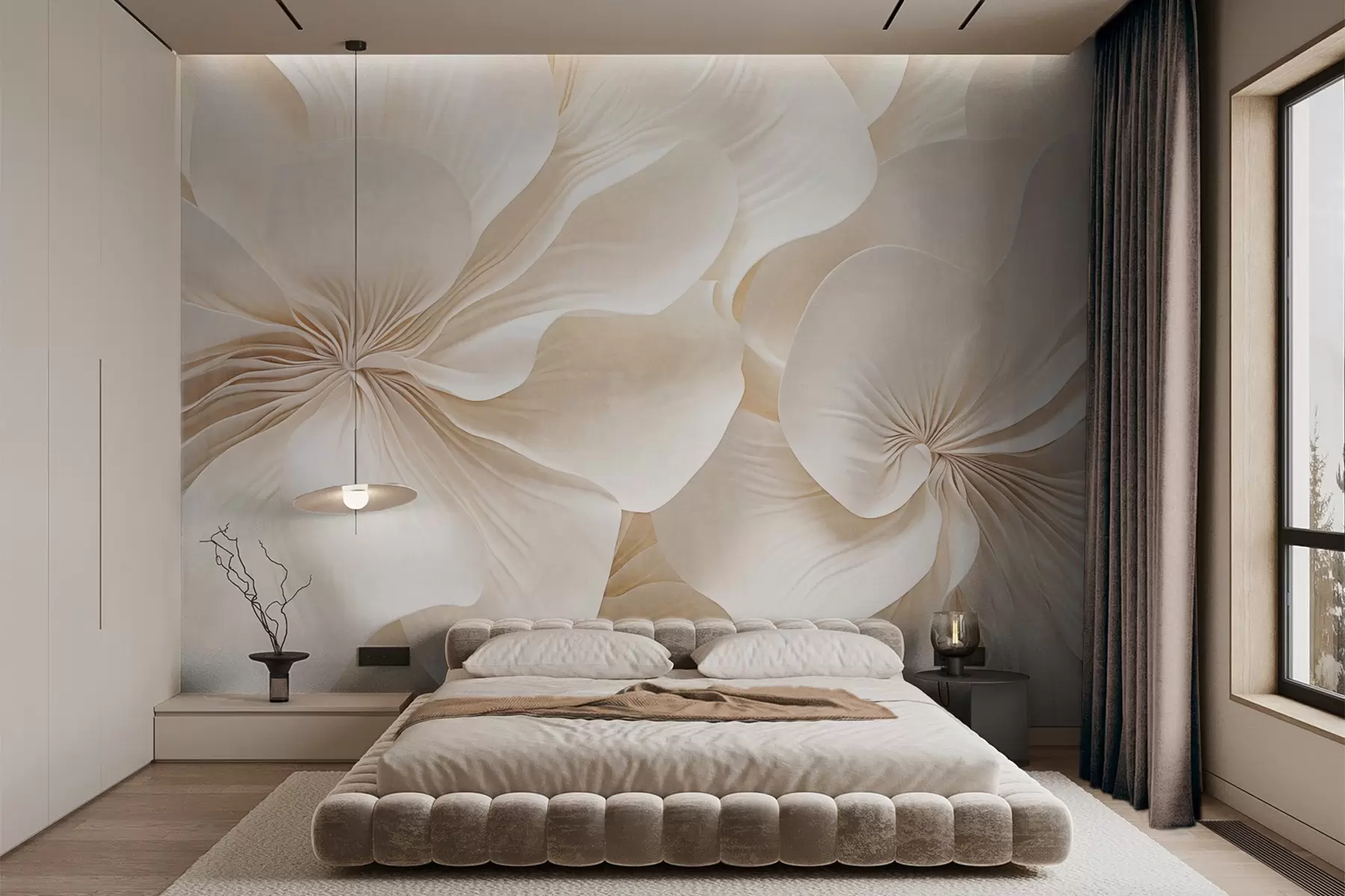 murales de pared Primer plano de flores de textura cremosa con pétalos delicados y fluidos, creando un arreglo floral suave, elegante y con textura w09346