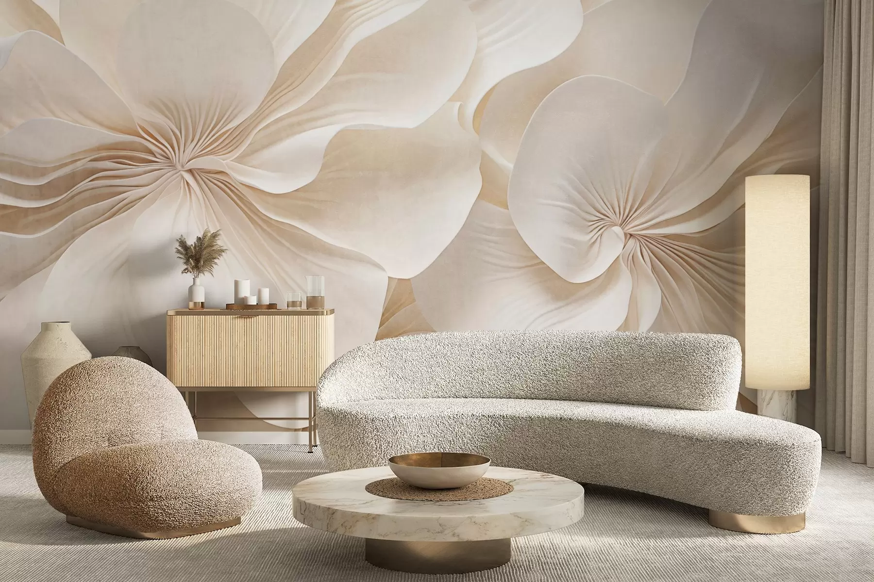 murales de pared Primer plano de flores de textura cremosa con pétalos delicados y fluidos, creando un arreglo floral suave, elegante y con textura w09346