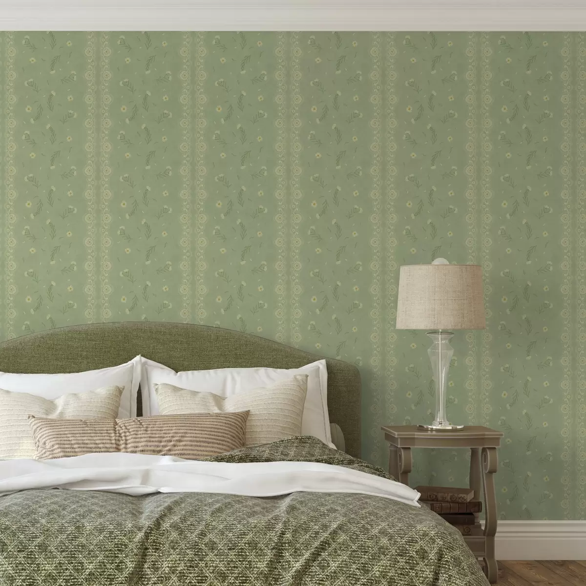 Papel pintado Fondo verde con margaritas y borde de encaje a00291