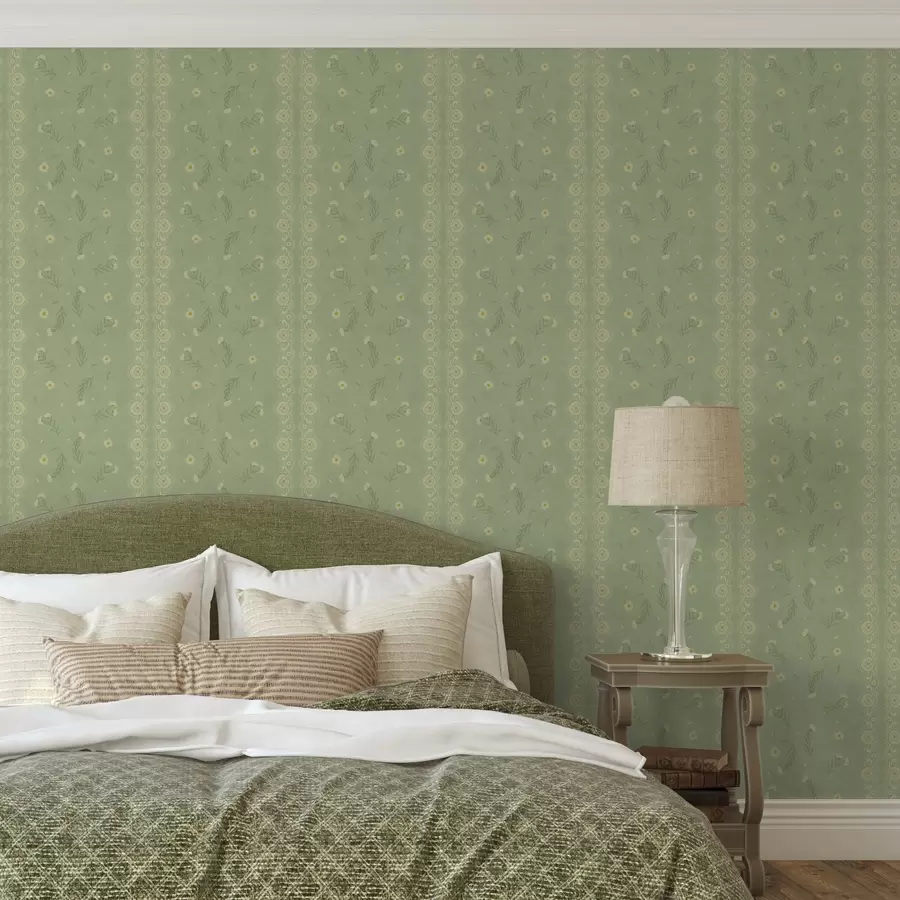 murales de pared Fondo verde con margaritas y borde de encaje a00291