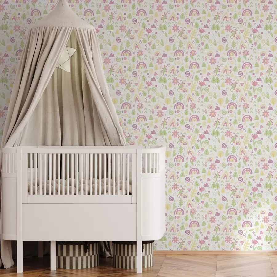 murales de pared Dibujo infantil con arco iris, flores y árboles a00296