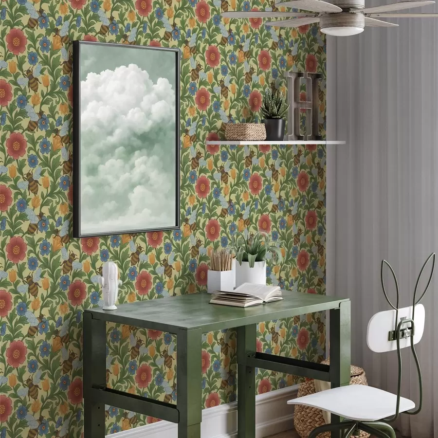 murales de pared Flores brillantes con grandes abejas a00315