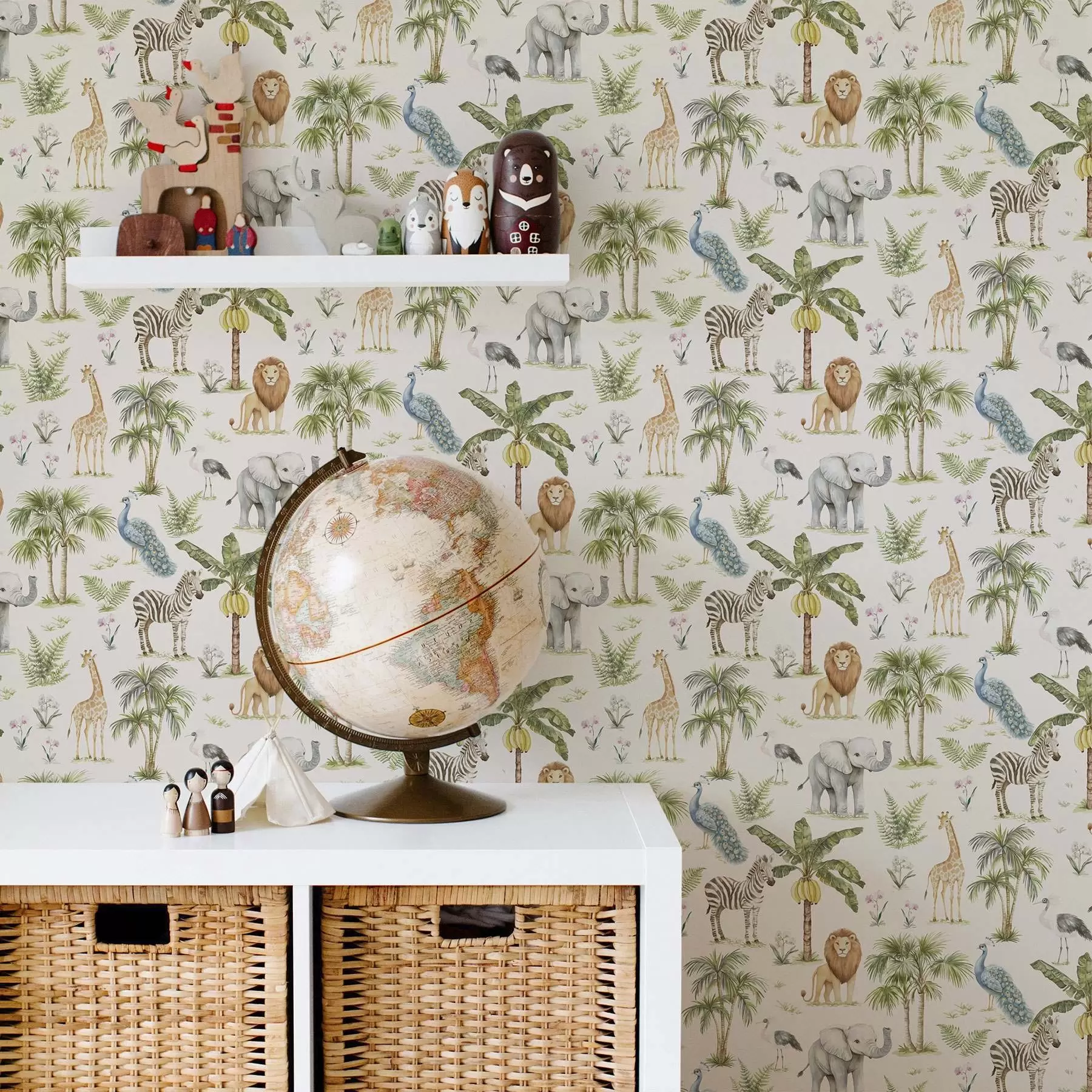 murales de pared Animales africanos entre palmeras y plantas exóticas a00321