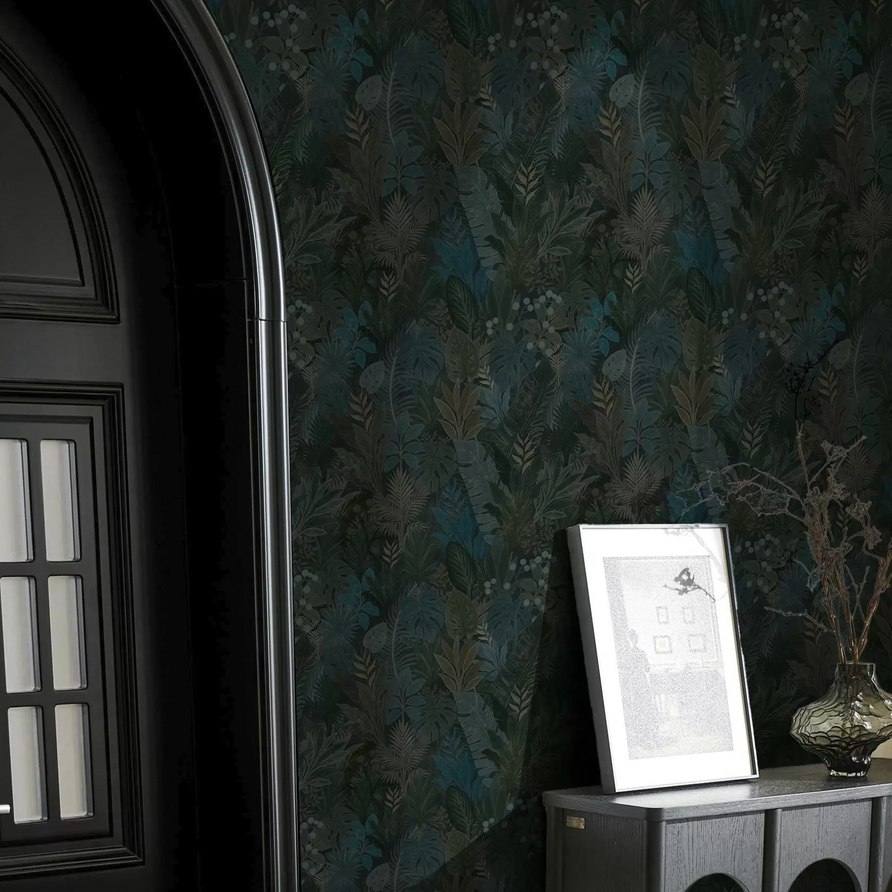 murales de pared Follaje tropical verde oscuro con toques azules a00327