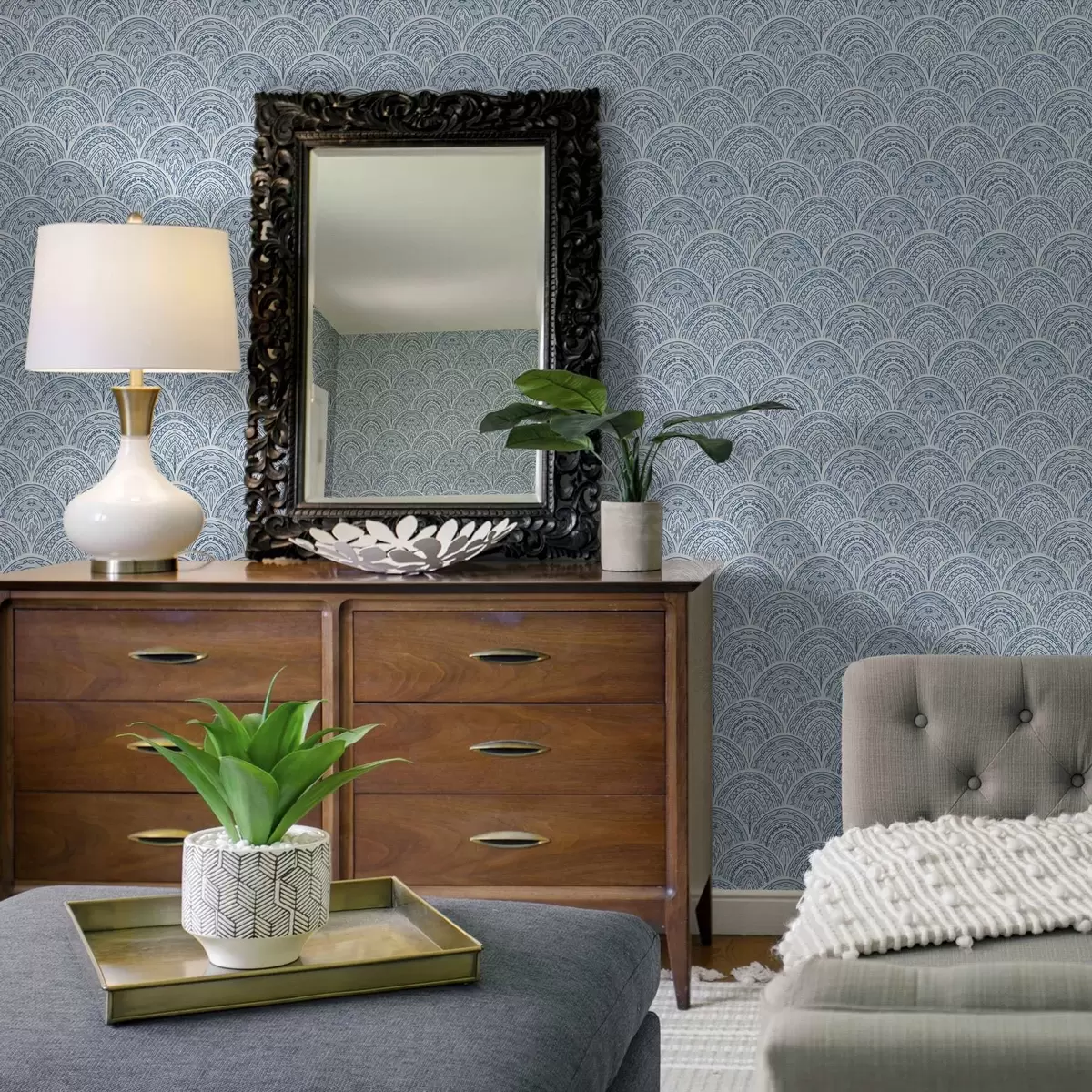 Papel pintado Adorno azul con arcos y motivos a00332