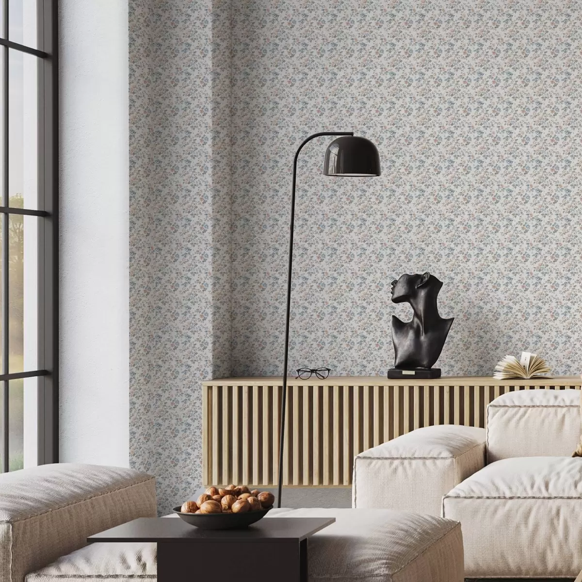 Papel pintado Pequeño adorno floral en tonos azules y coral a00347