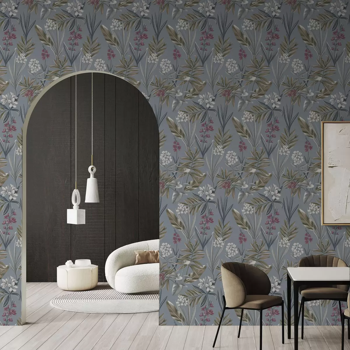 Papel pintado Ramas florales sobre fondo gris azulado a00350