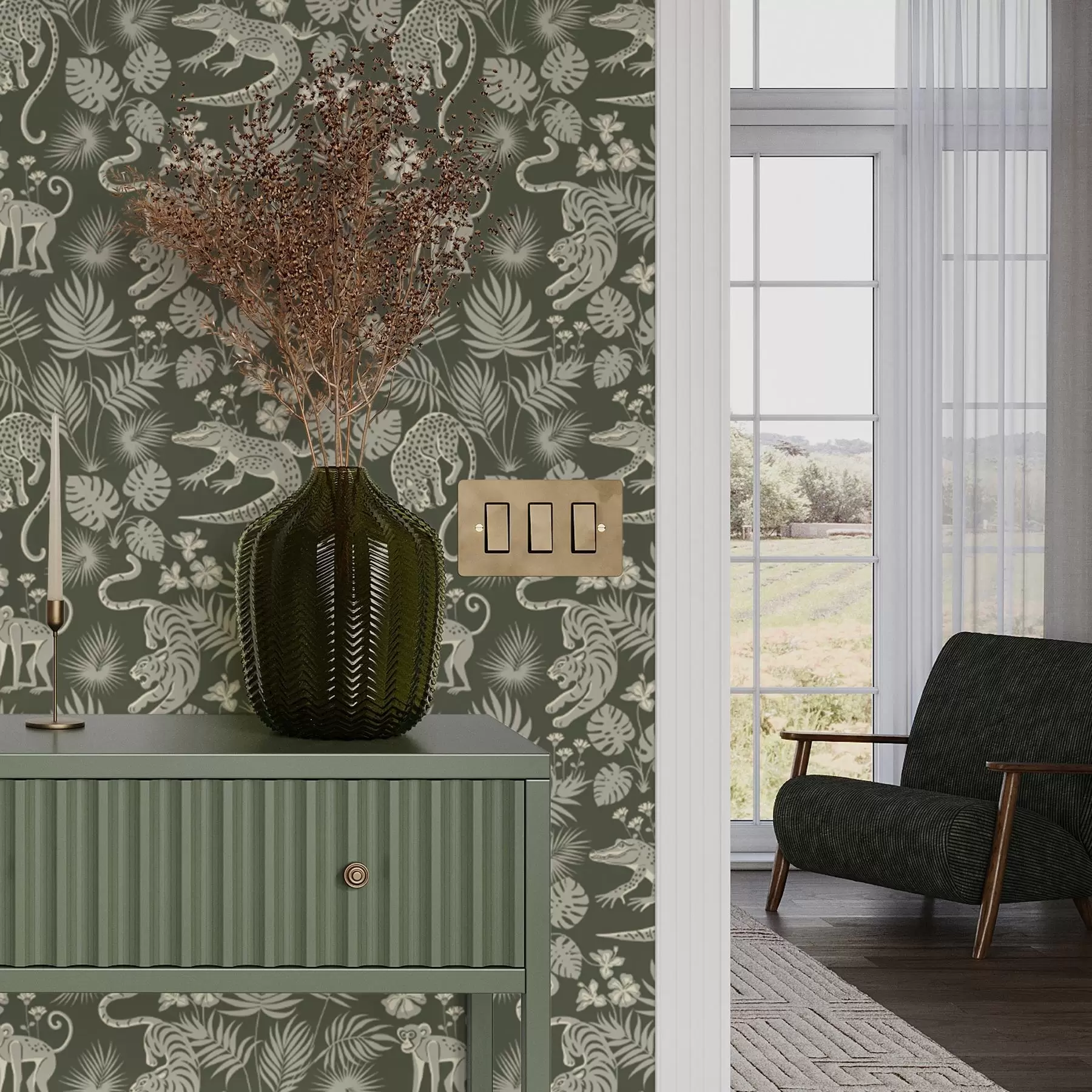 murales de pared Siluetas de animales salvajes entre hojas tropicales a00404