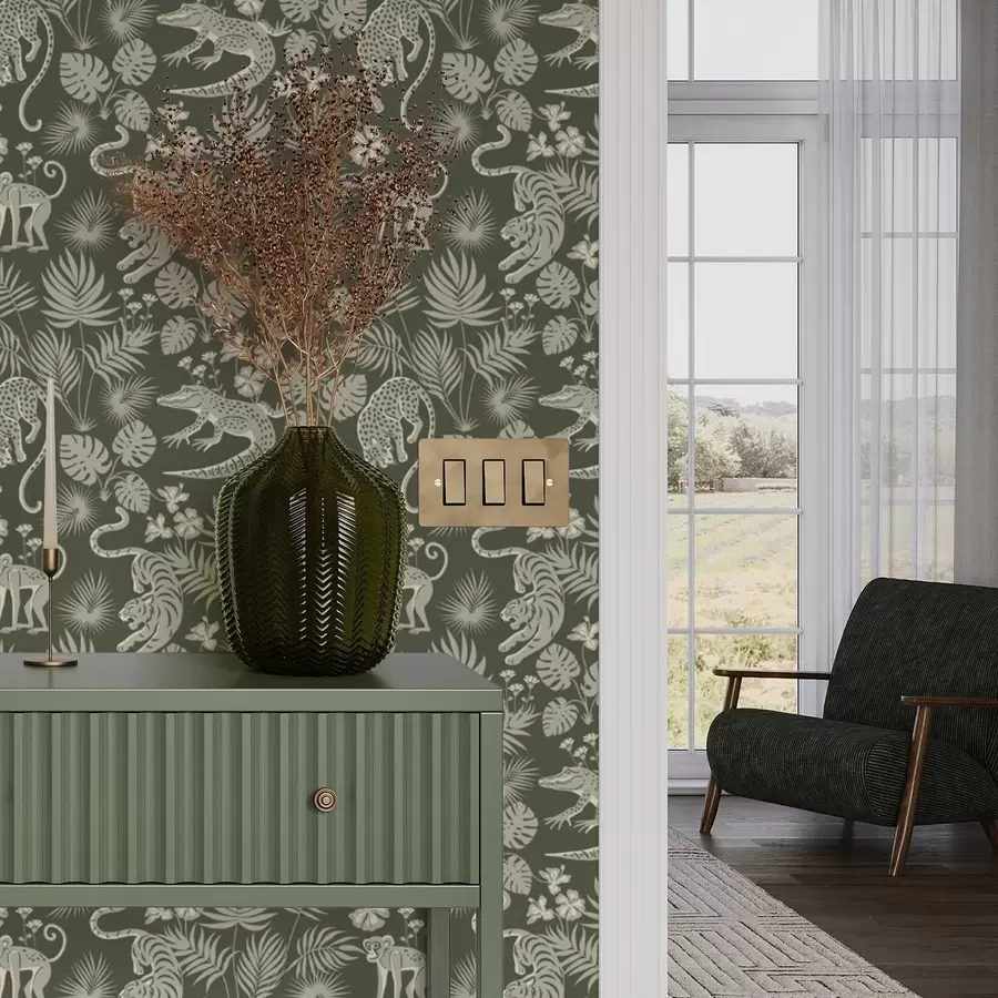 murales de pared Siluetas de animales salvajes entre hojas tropicales a00404