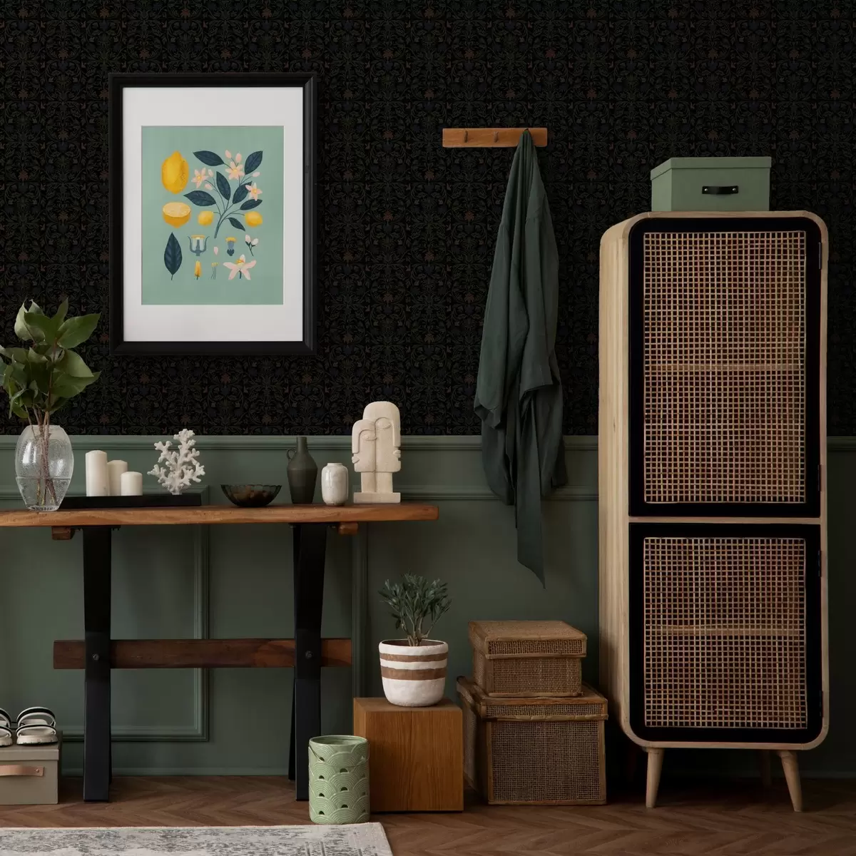 Papel pintado Ornamento oscuro con plantas de estilo clásico a00412