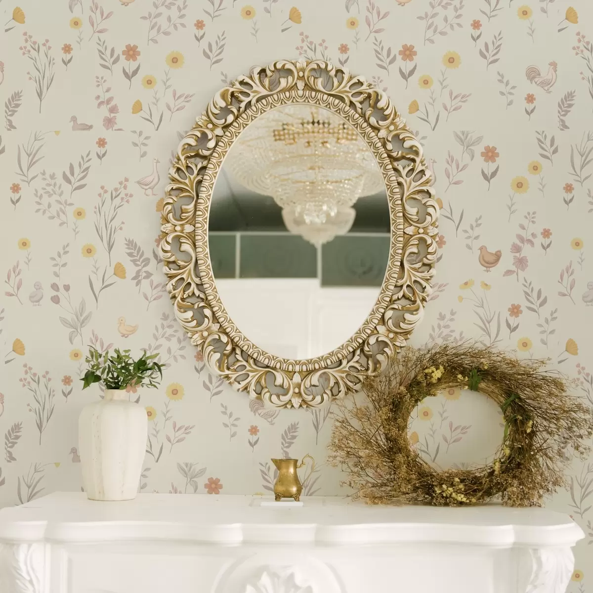 Papel pintado Flores de campo y gallinas en suaves tonos pastel a00478