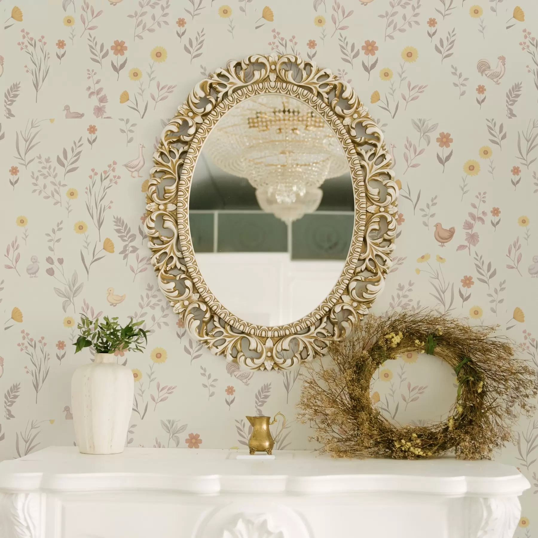 murales de pared Flores de campo y gallinas en suaves tonos pastel a00478