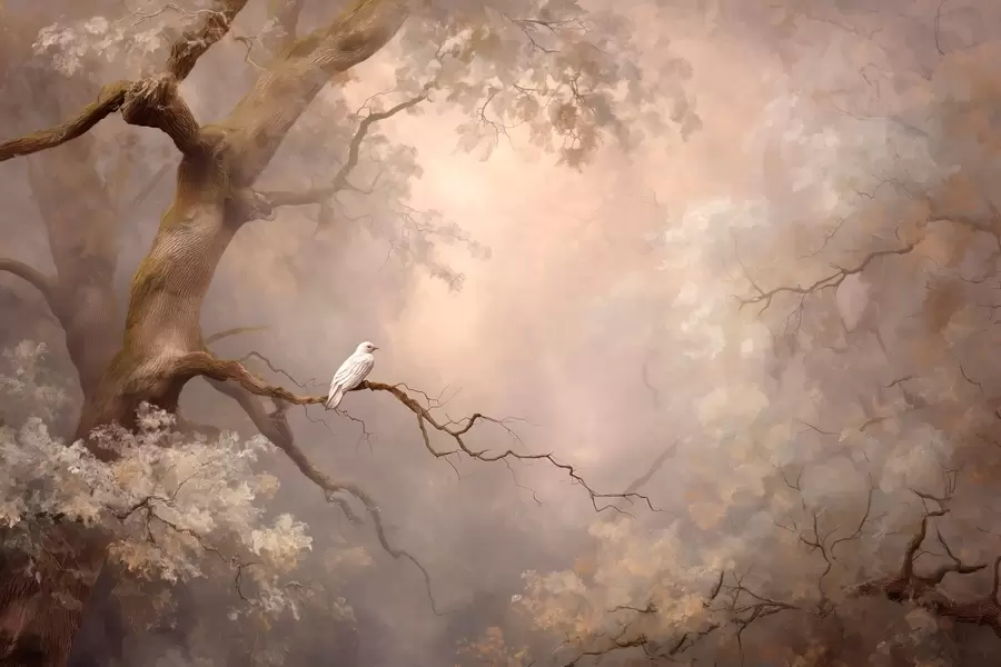 murales de pared bosque místico con un pájaro blanco w04314