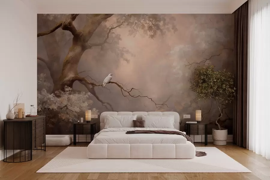 murales de pared bosque místico con un pájaro blanco w04314