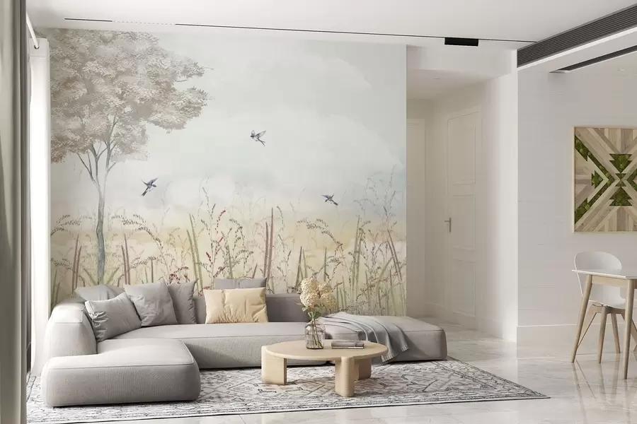 murales de pared Paisaje con árboles, pájaros y hierbas de prado w04350