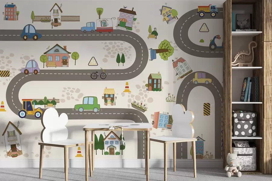 murales de pared Carretera infantil con coches y casas de colores w04404