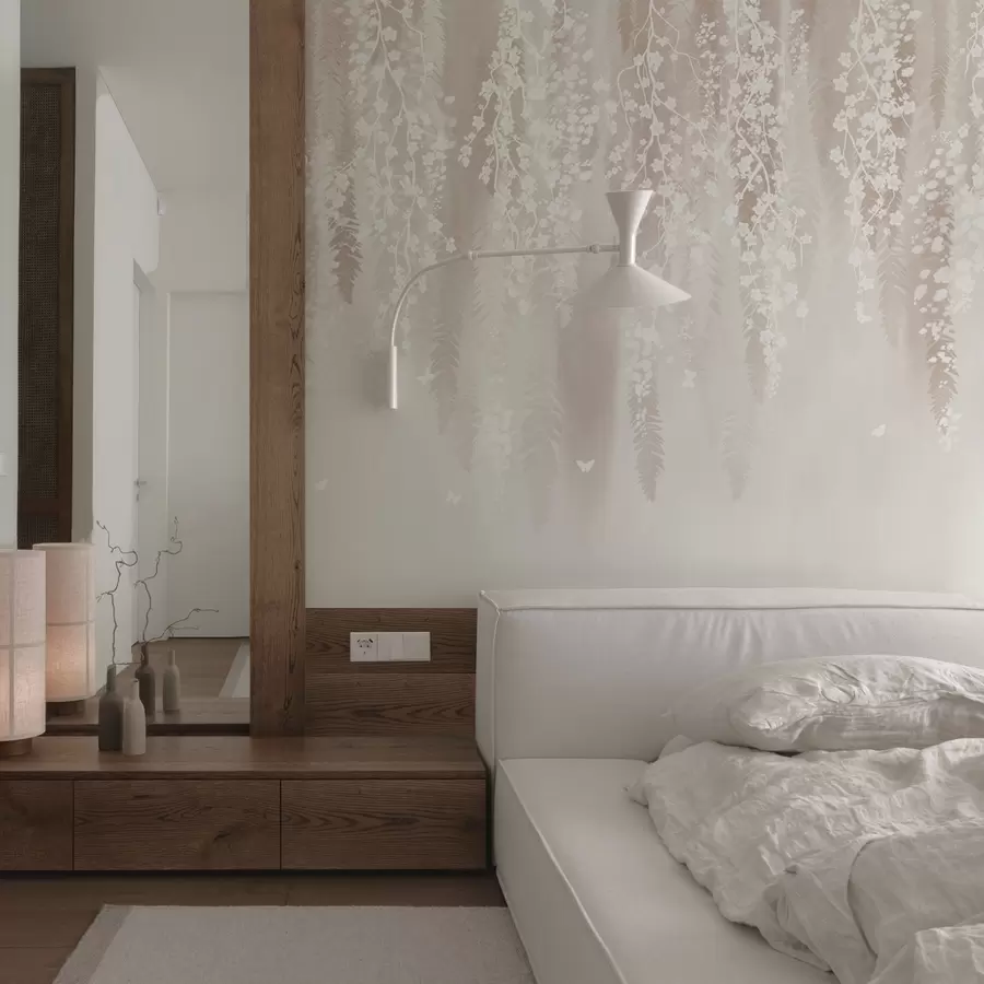 murales de pared Ramas ligeras con flores blancas sobre un fondo suave w04417