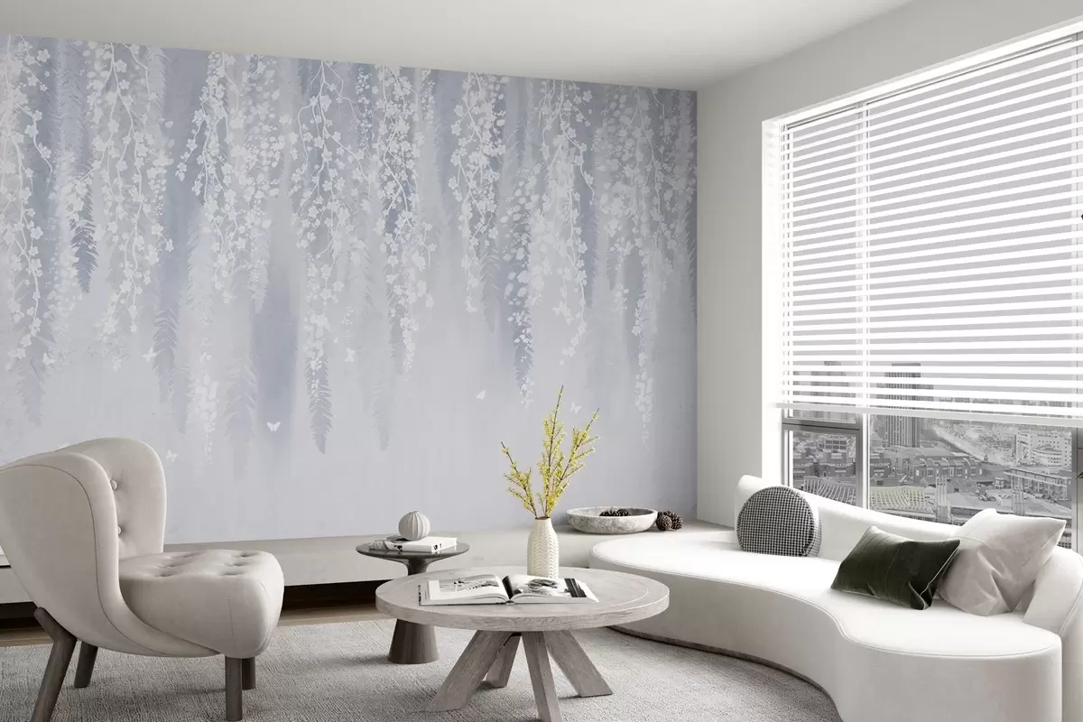 murales de pared Fresca versión azul de ramas con flores blancas w04417v2