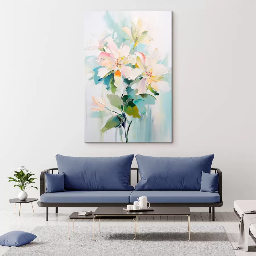 murales de pared Flores con acentos de color, hojas verdes, pinceladas suaves imitación pintura al óleo, fondo azul claro s45549