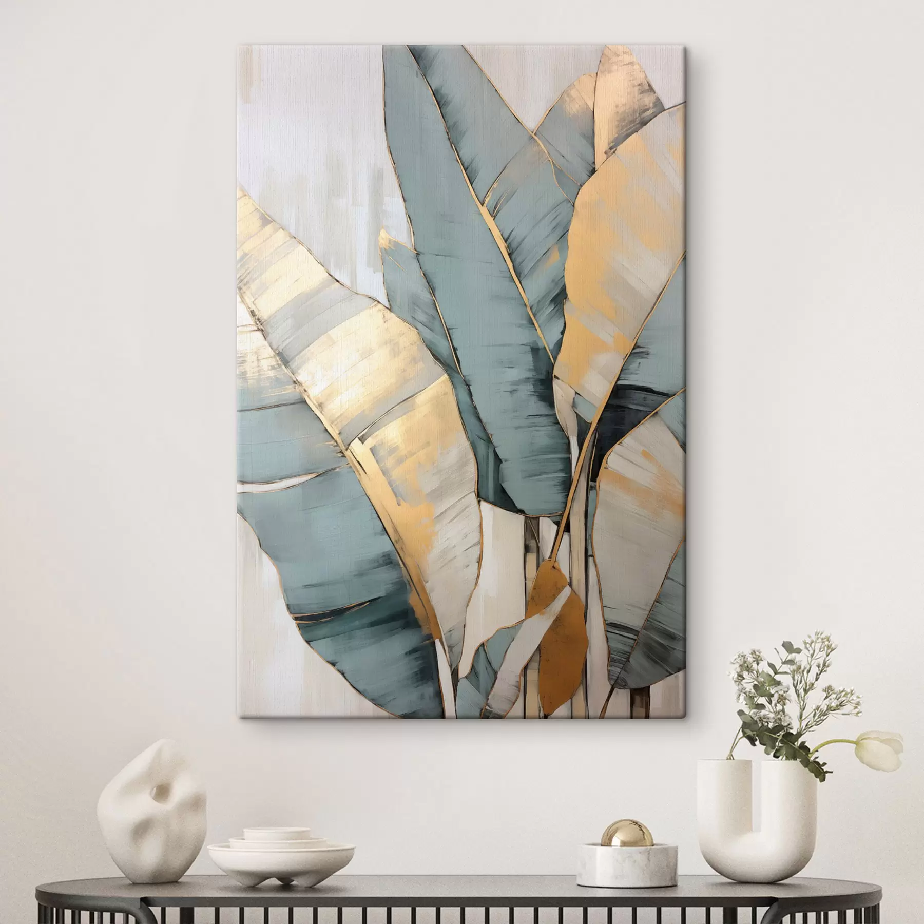 murales de pared Hojas de plátano azules, grises y amarillas con pinceladas visibles, sobre un fondo blanco abstracto s45552