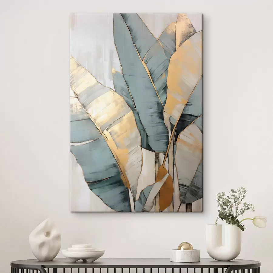 murales de pared Hojas de plátano azules, grises y amarillas con pinceladas visibles, sobre un fondo blanco abstracto s45552