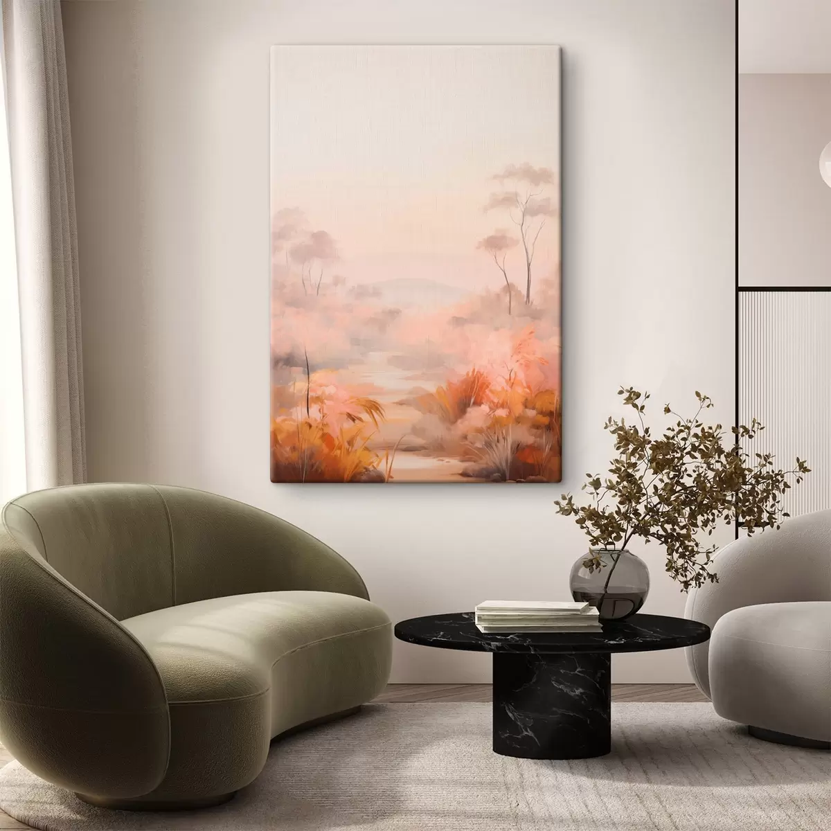 murales de pared Un paisaje con arbustos y árboles en tonos rosas, naranjas y marrones, con montañas al fondo s45553